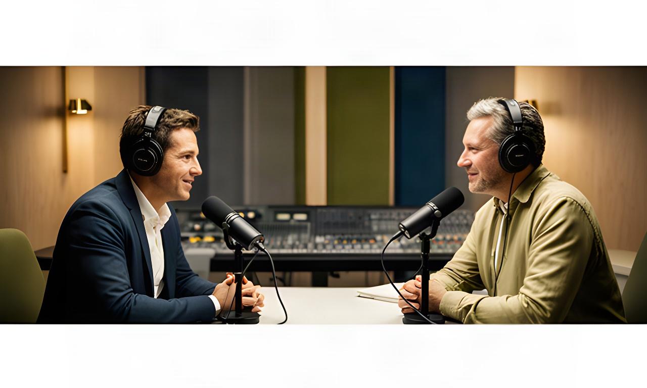 Interviewer en gast nemen een zakelijk gesprek op in een Amsterdamse studio met microfoons en koptelefoons