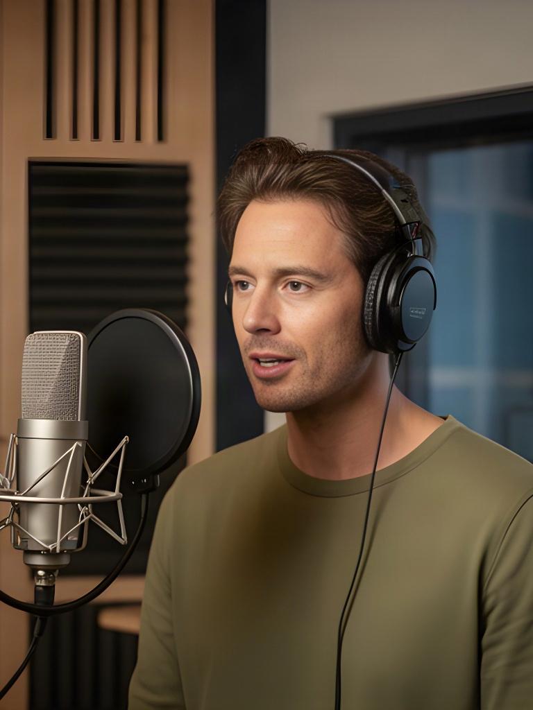 Voice-overartiest met koptelefoon neemt een luisterboek op in een stille Amsterdamse opnamestudio