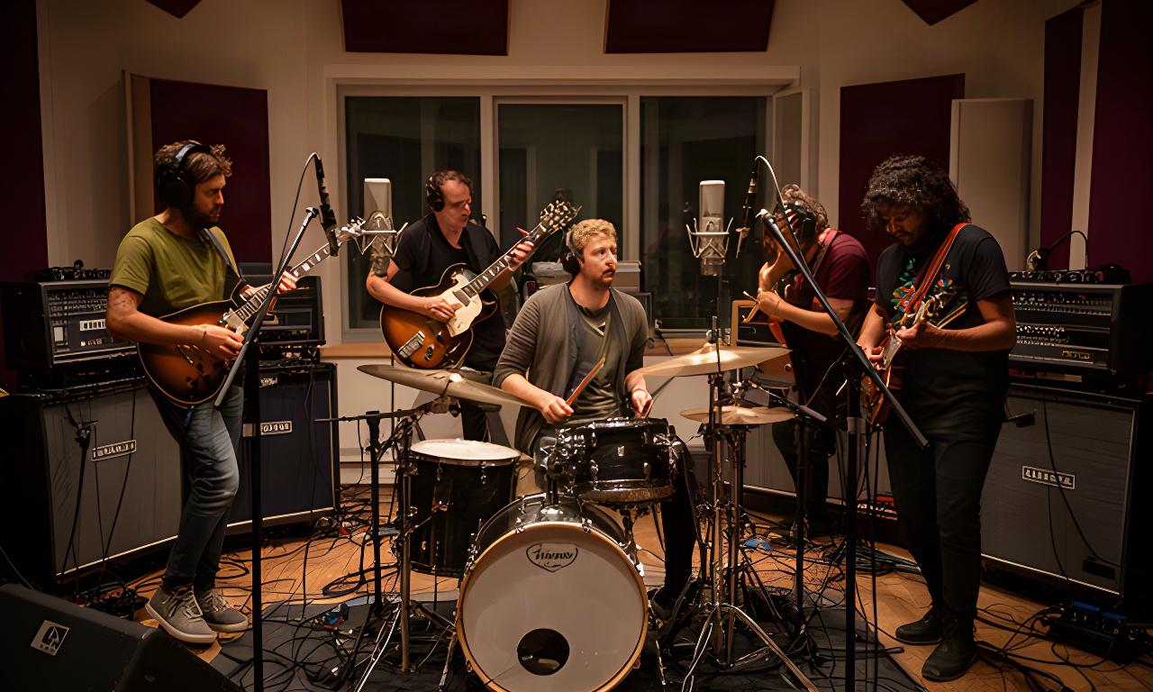Band speelt samen in een Amsterdamse opnamestudio, met drumstel, gitaarversterkers en microfoons opgesteld voor een live multitrack-opname