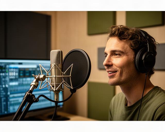 Voice-overartiest spreekt in een popfilter in een akoestisch behandelde Amsterdamse opnamestudio, met microfoon en regiescherm in beeld