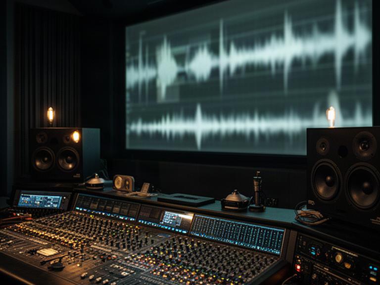 Donkere Amsterdamse regieruimte met mengpaneel, studiomonitors en een groot scherm met dialoogsporen voor filmgeluid