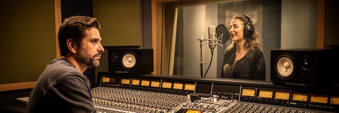 Audio-engineer luistert aan een mengtafel terwijl een vocalist opneemt in een akoestisch behandelde studio