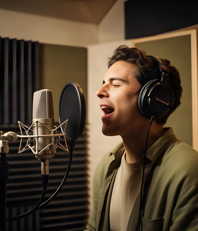 Zanger neemt vocalen op in een akoestisch behandelde Amsterdamse studio met studiomicrofoon en koptelefoon
