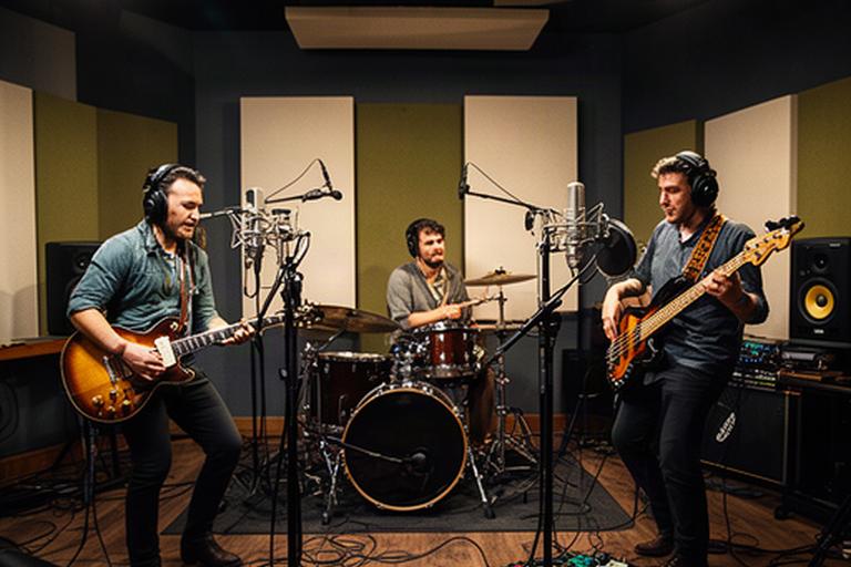 Band met drums, gitaar en bas in een studio-opnameruimte tijdens een multitrackopname