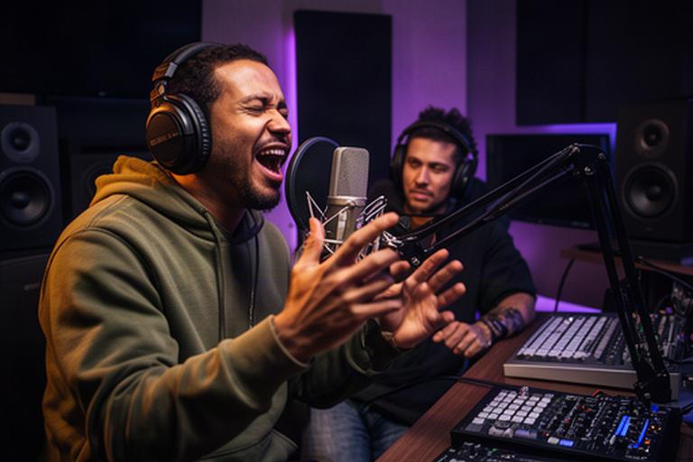 Hiphopartiest neemt ad-libs op naast een producer aan een compacte studiowerkplek
