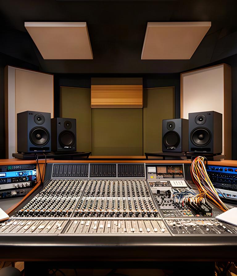 Regieruimte van een opnamestudio met mengpaneel, studiomonitors en akoestische wandpanelen