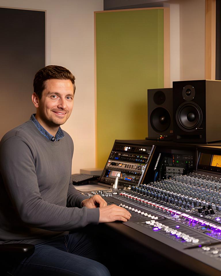 Regieruimte van een Amsterdamse opnamestudio met mengtafel, studiomonitors en een engineer aan het werk