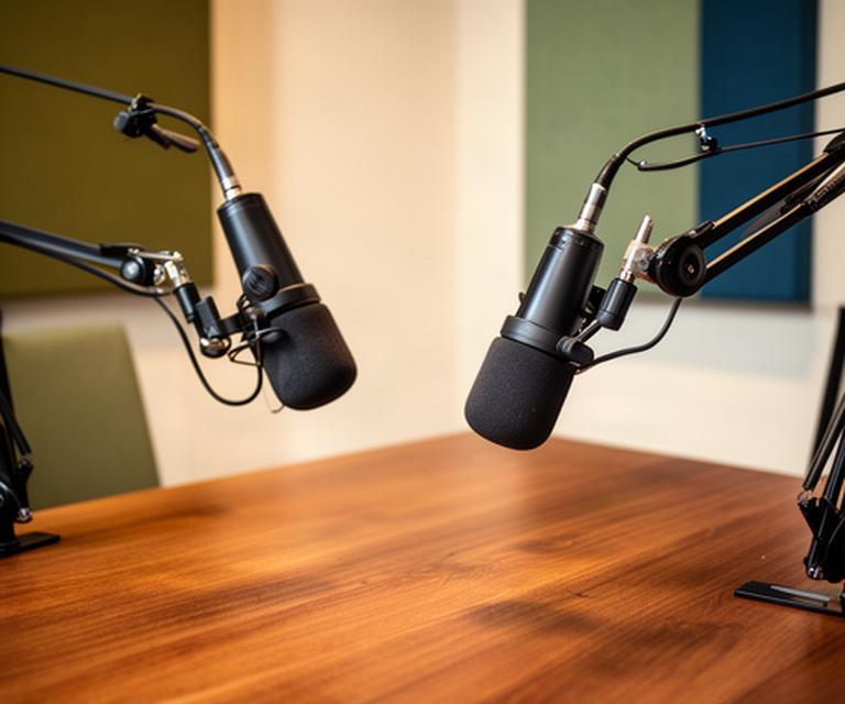 Twee podcastmicrofoons op verstelbare armen rond een houten opnametafel in een rustige Amsterdamse studio