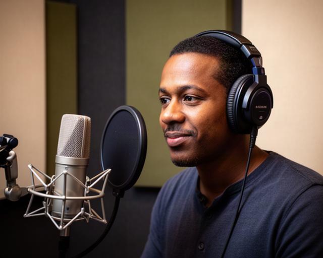 Audio engineer Dhiradj Bawuah met microfoon en koptelefoon in een akoestisch behandelde opnameruimte