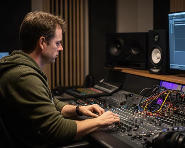 Audio engineer Joki Curvers bij een werkstation voor mixage en audiopostproductie