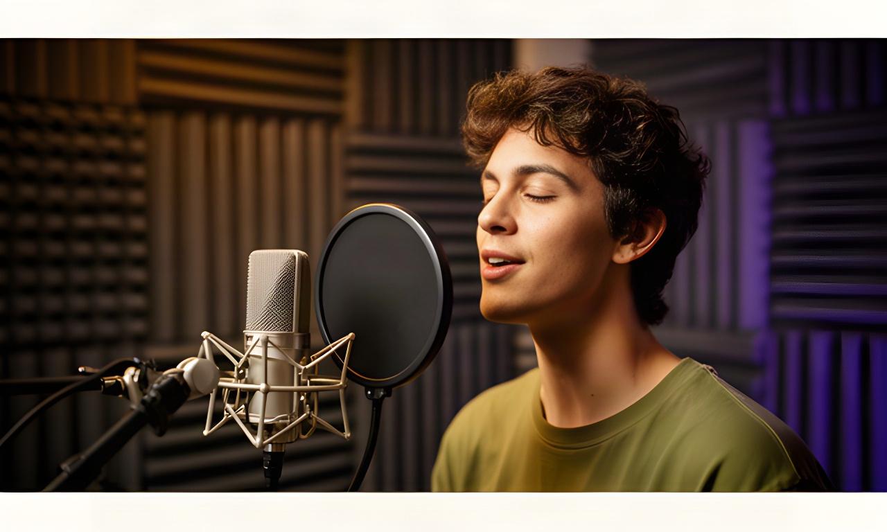 Artiest neemt zang op achter een popfilter in een akoestisch behandelde Amsterdamse opnamestudio